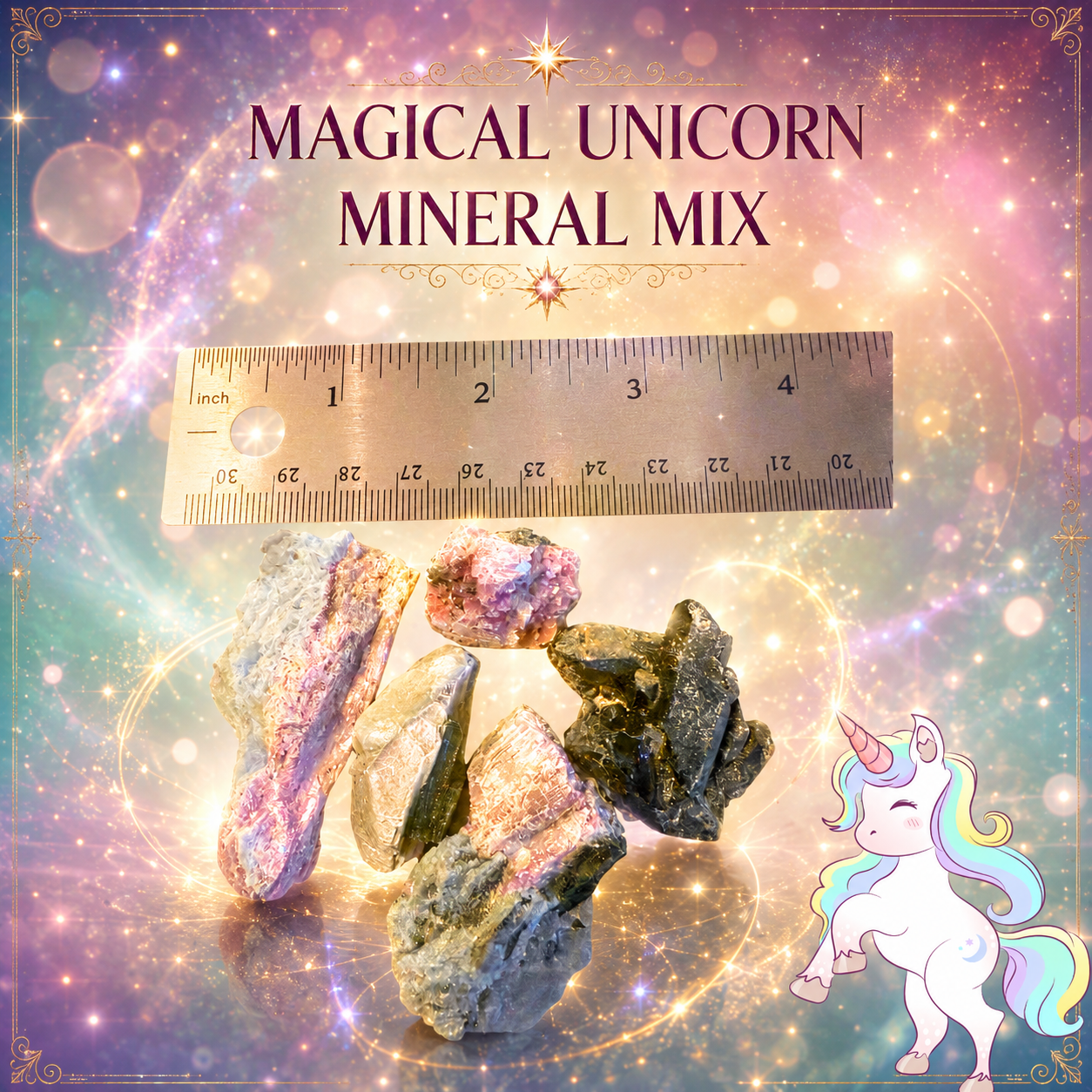 A set of raw unicorn mineral specimens displayed under the text 'MAGICAL UNICORN MINERAL MIX' with a ruler showing dimensions and a cartoon unicorn illustration on a sparkling pastel background.