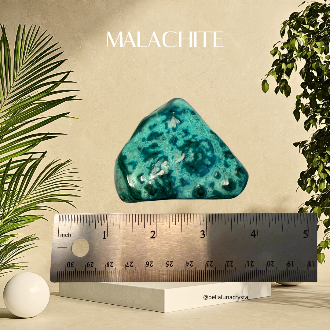 Malachite stone with a ruler for scale on a beige background with plants.