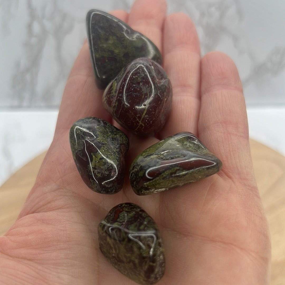 Five polished tumbled stones in earthy green, brown, and dark red tones with white veining, held in a person's hand.
