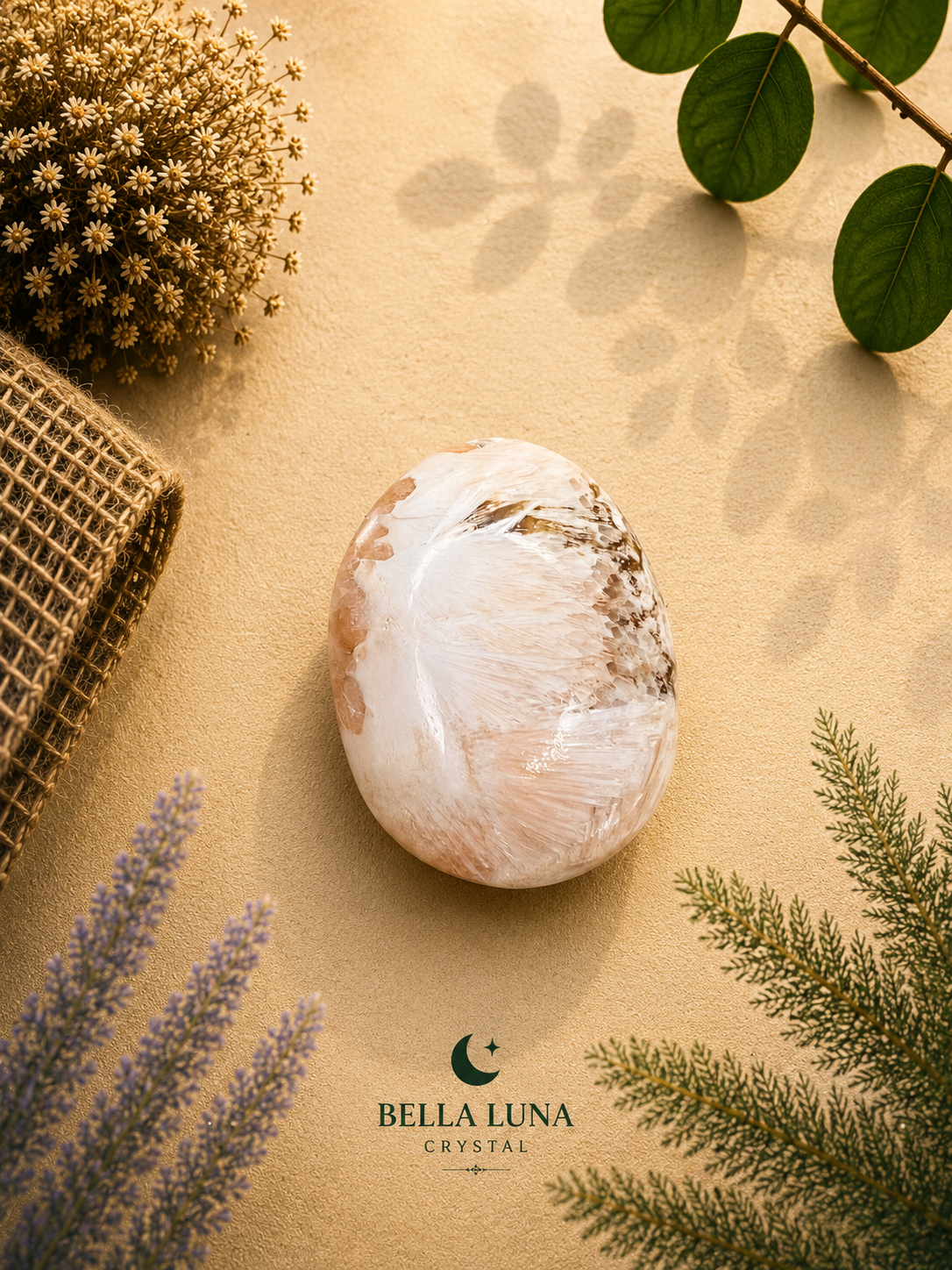 A polished white and peach crystal stone with brown inclusions, styled on a textured beige surface with dried flowers, green leaves, and a burlap roll. The Bella Luna Crystal brand logo is visible at the bottom.