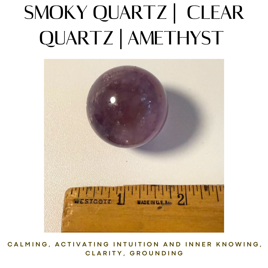 Purple crystal ball on a white background with a ruler for scale, labeled 'Smoky Quartz | Clear Quartz | Amethyst'.