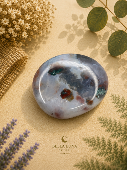 A polished oval crystal stone with marbled gray, white, blue, and reddish-brown patterns, displayed on a beige textured surface with dried flowers, green leaves, and burlap. The brand name 'BELLA LUNA CRYSTAL' is printed at the bottom.