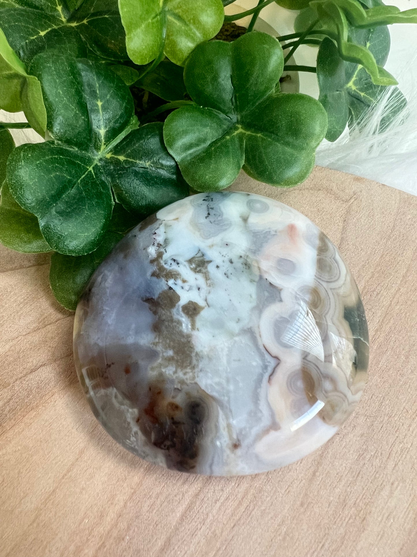 A polished sphere of Ocean Jasper stone with natural color variations, displayed on a wooden surface next to green leaves.
