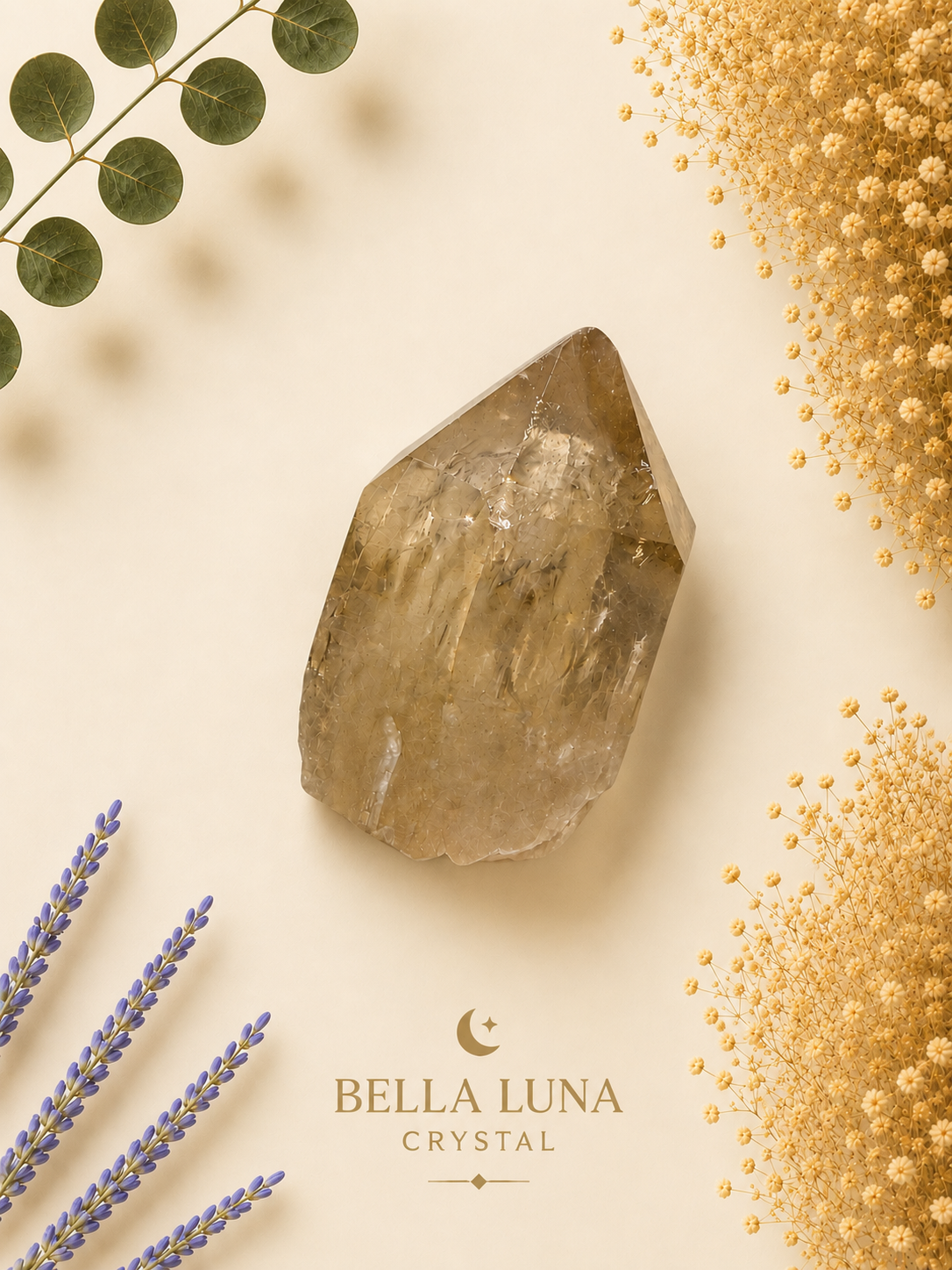 A natural crystal point with a yellow translucent brown and beige appearance, styled in a flat lay with dried lavender, eucalyptus leaves, and gold-toned decorative elements on a cream background. The brand name 'BELLA LUNA CRYSTAL' is printed at the bottom.