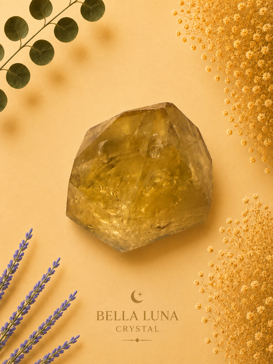 A faceted yellow citrine crystal gemstone displayed on a warm beige background with decorative dried flowers, eucalyptus leaves, and lavender sprigs. The text 'BELLA LUNA CRYSTAL' is printed at the bottom.