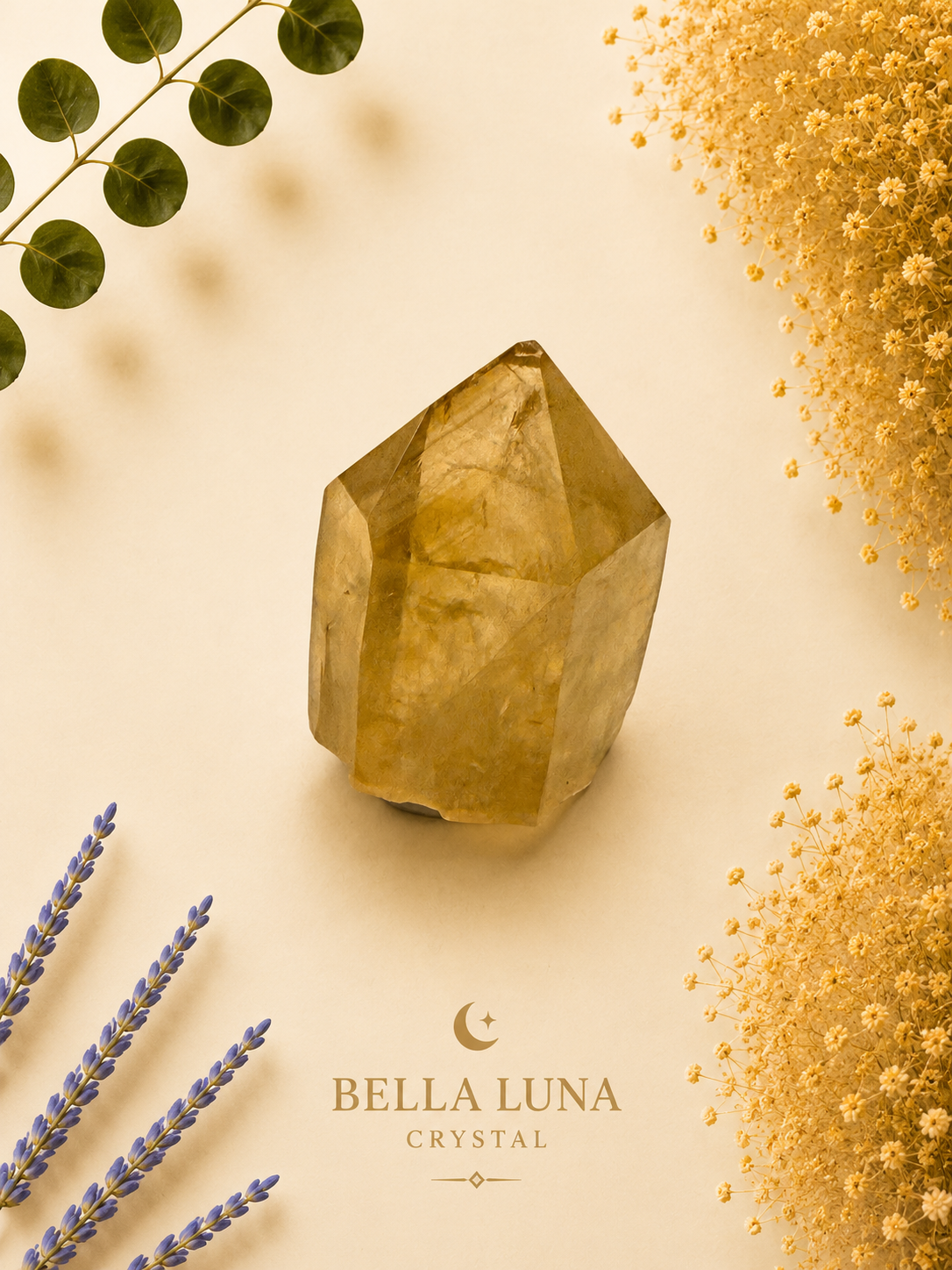 A faceted yellow crystal gemstone centered on a warm cream background, styled with dried flowers, green leaves, and lavender sprigs. The text 'BELLA LUNA CRYSTAL' appears below the crystal.