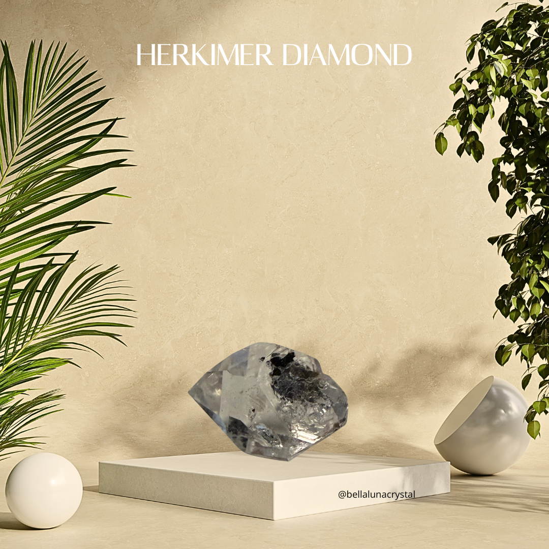 Herkimer diamond on a white pedestal with plants on a beige background, featuring the brand 'Herkimer Diamond'.