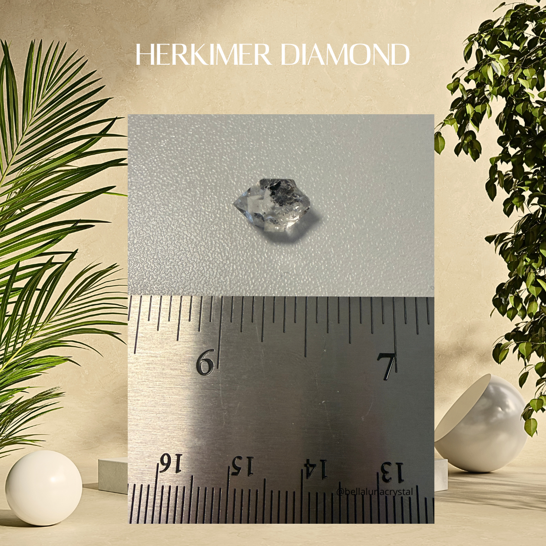 Herkimer diamond on a ruler with plants in the background