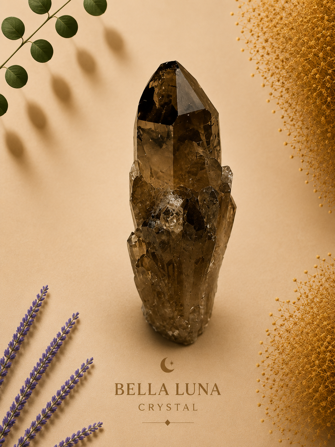 A natural smoky quartz crystal point with a rough, unpolished texture, displayed on a warm beige background with decorative botanical elements and the brand name 'BELLA LUNA CRYSTAL' printed below.