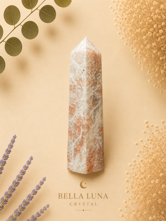 A pointed crystal tower with a white and peach-orange marbled pattern, displayed on a warm beige background with decorative dried flowers, eucalyptus leaves, and lavender sprigs. The brand name 'BELLA LUNA CRYSTAL' is printed at the bottom.