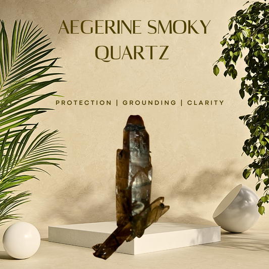 A polished Aegerine Smoky Quartz crystal specimen displayed on a white surface with a green plant in the background, indicating the natural origin and protection properties associated with the crystal.