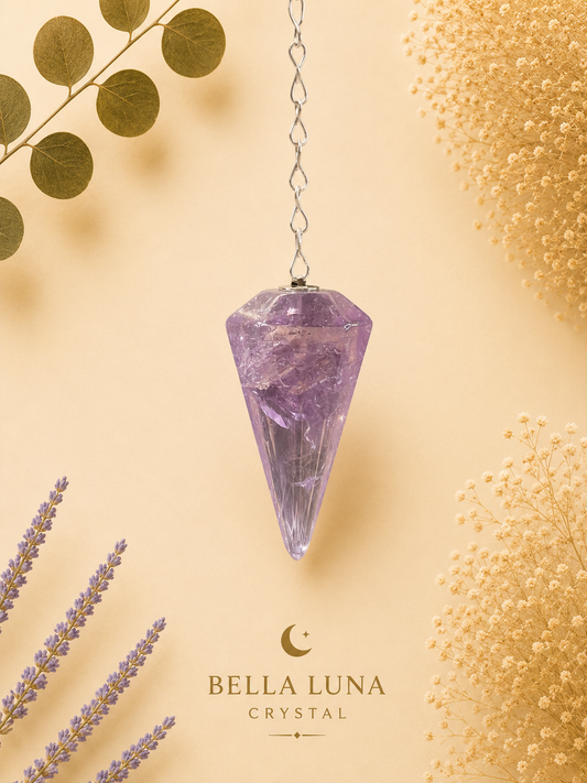 A faceted purple crystal cone pendant hanging from a silver chain against a warm beige background, styled with dried flowers and leaves. The Bella Luna Crystal brand logo is visible at the bottom.