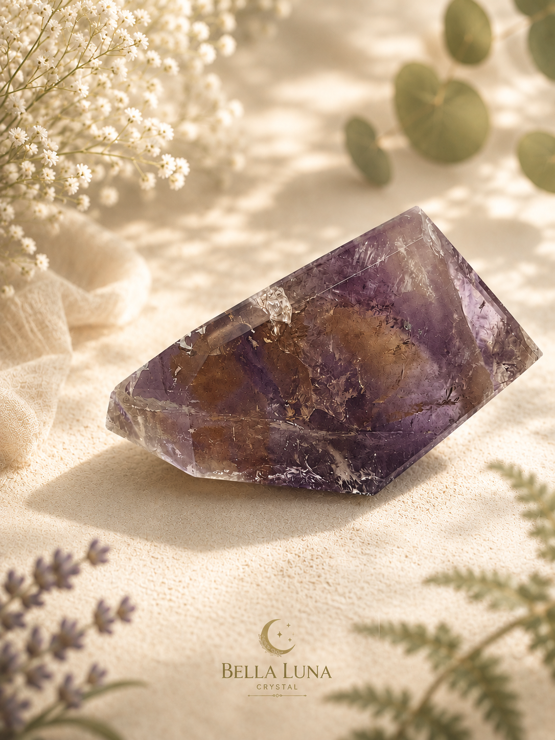 A polished purple and yellow ametrine crystal point resting on a textured beige fabric surface, surrounded by soft decorative botanicals and leaves. The Bella Luna Crystal brand logo is visible at the bottom.