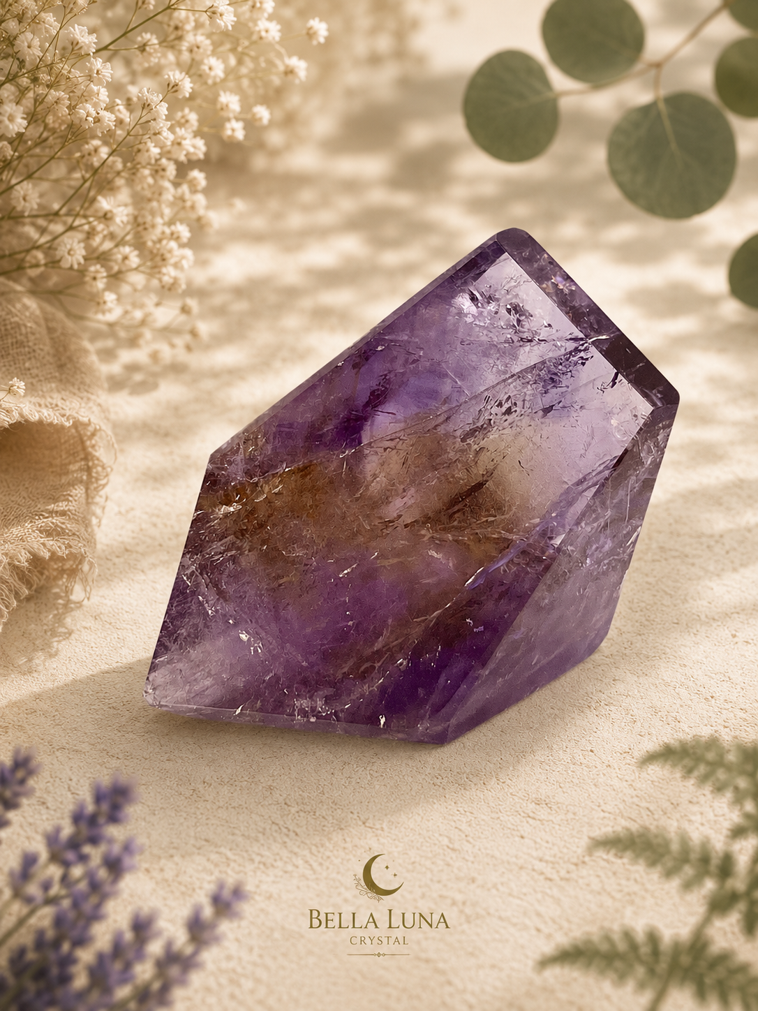 A faceted purple and yellow crystal  identified as ametrine displayed on a textured beige surface with soft botanical props and shadows. The brand logo 'BELLA LUNA CRYSTAL' is visible at the bottom.