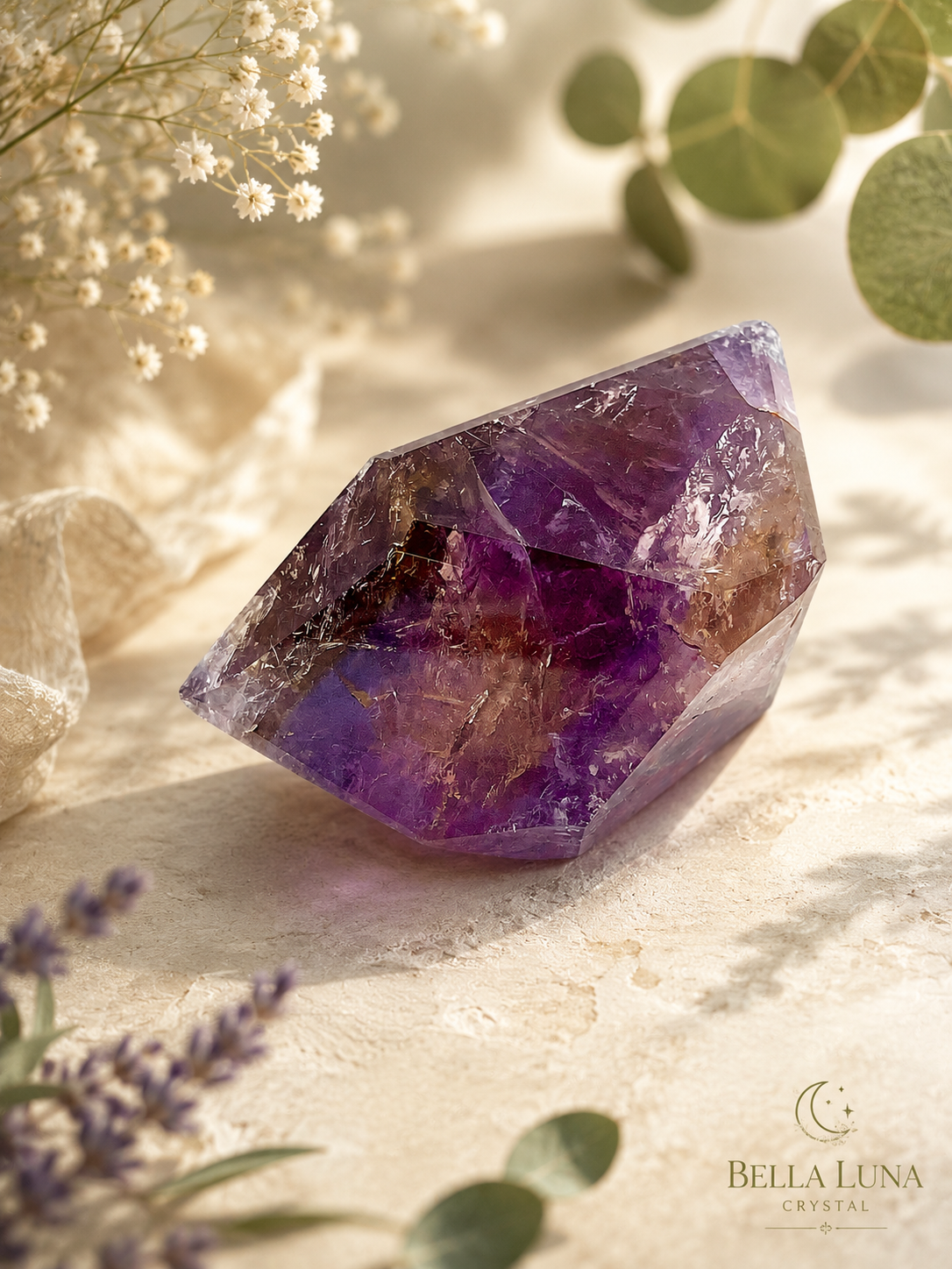 A faceted purple and yellow amethyst crystal cluster with natural brown inclusions, styled on a textured beige surface with dried flowers, green leaves, and soft shadows. The Bella Luna Crystal logo is visible in the bottom right corner.
