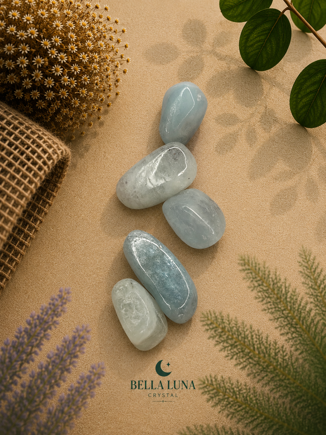 Five polished light blue crystal stones arranged vertically on a beige textured surface with dried flowers, green leaves, and burlap as styled props. The Bella Luna Crystal brand logo is printed at the bottom.