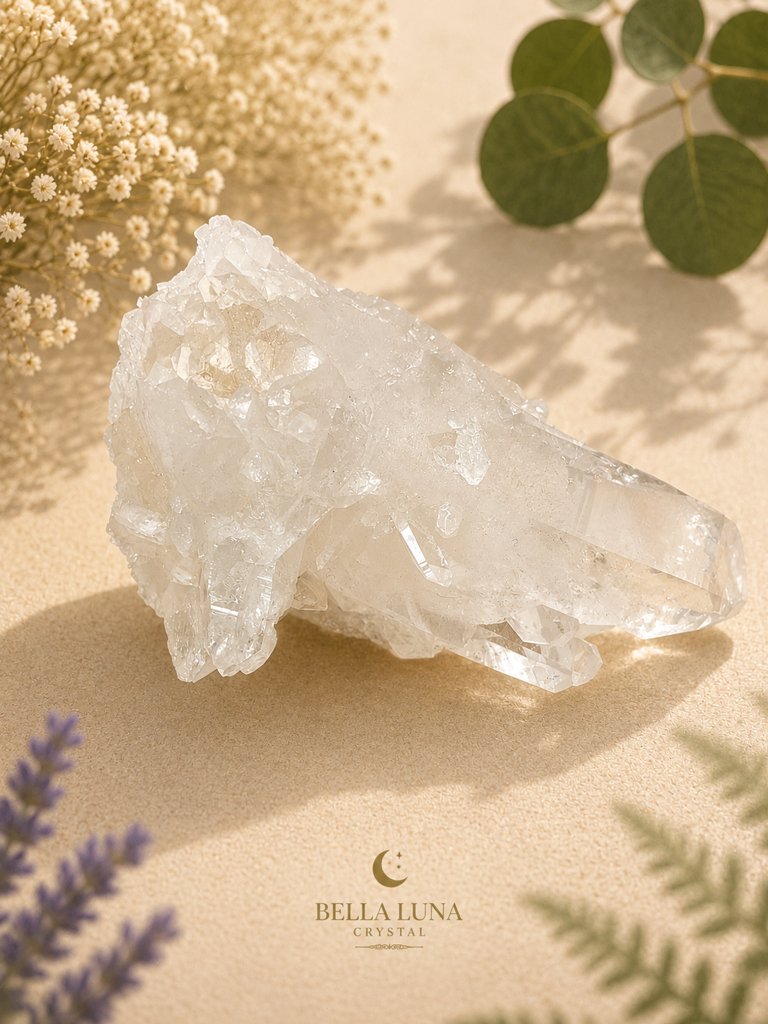 A clear, natural crystal cluster with sharp facets, displayed on a beige textured surface with soft botanical props. The brand logo 'BELLA LUNA CRYSTAL' is visible at the bottom.