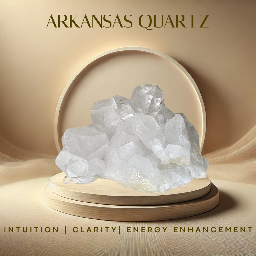 A single clear Arkansas quartz crystal cluster placed on a wooden stand with a softly lit background, with the text 'Arkansas Quartz' and metaphysical properties like 'Intuition', 'Clarity', 'Energy' and 'Enhancement' mentioned.