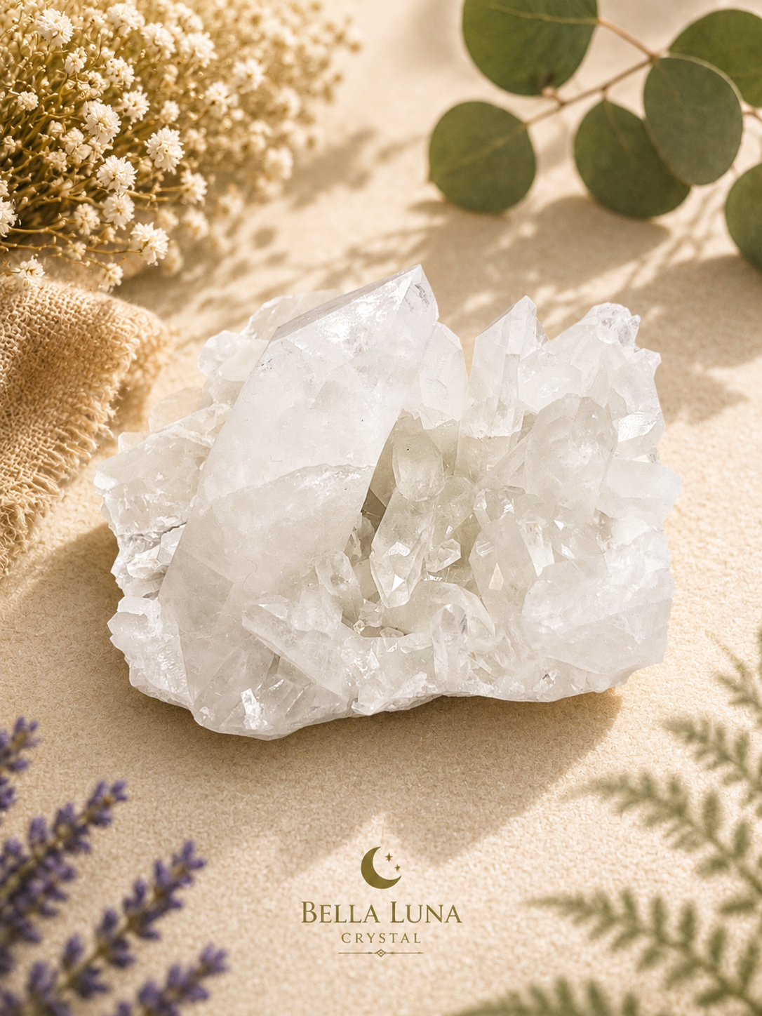 A natural white crystal cluster with clear faceted crystals, displayed on a beige textured surface with dried flowers, green leaves, and lavender sprigs. The Bella Luna Crystal brand logo is visible at the bottom.