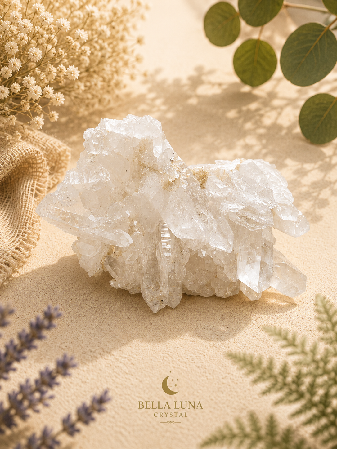 A cluster of clear quartz crystals displayed on a beige textured surface with dried flowers, green leaves, and burlap as styled props. The Bella Luna Crystal brand logo is visible at the bottom.