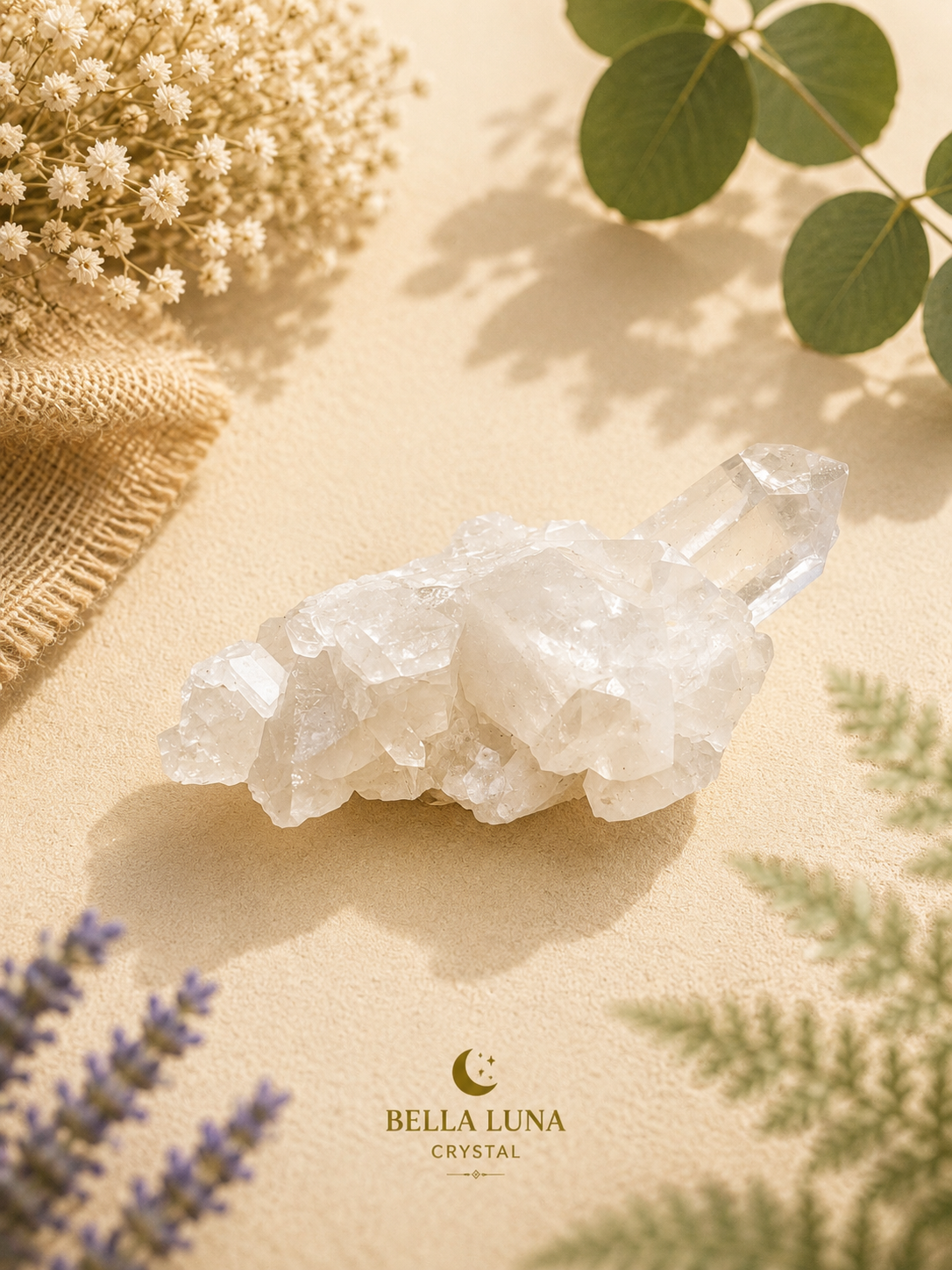 A clear crystal cluster displayed on a beige textured surface with decorative dried flowers, green leaves, and lavender sprigs. The Bella Luna Crystal brand logo is visible at the bottom.