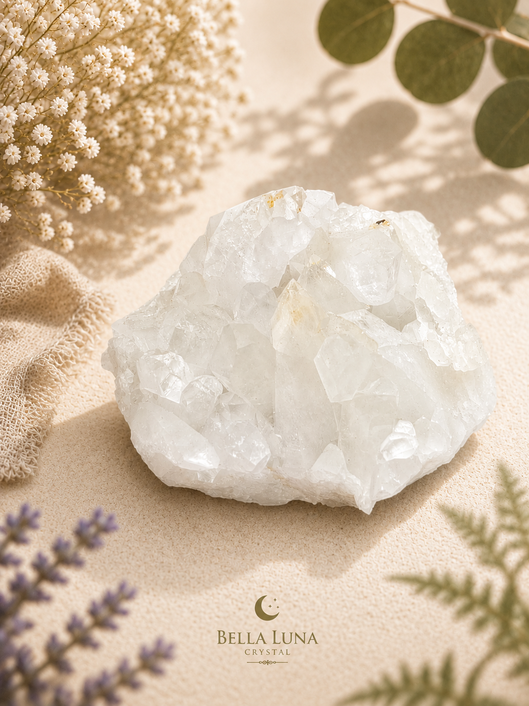 A raw white crystal cluster resting on a beige textured surface, surrounded by dried flowers, green leaves, and lavender sprigs. The Bella Luna Crystal brand logo is visible at the bottom.