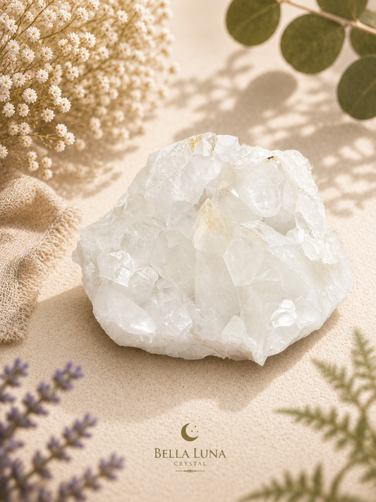 A raw white crystal cluster resting on a beige textured surface, surrounded by dried flowers, green leaves, and lavender sprigs. The Bella Luna Crystal brand logo is visible at the bottom.