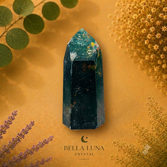A faceted blue-green crystal point with dark inclusions, centered on a warm tan background with decorative dried flowers and leaves. The text 'BELLA LUNA CRYSTAL' appears below the crystal.