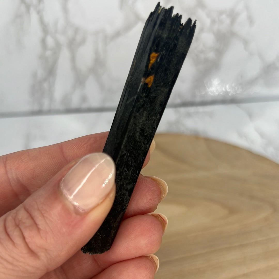 A close-up image of a black Aegerine crystal specimen held in a person's hand.