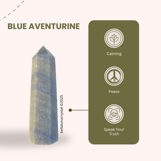 Blue aventurine crystal with icons and text on a white background