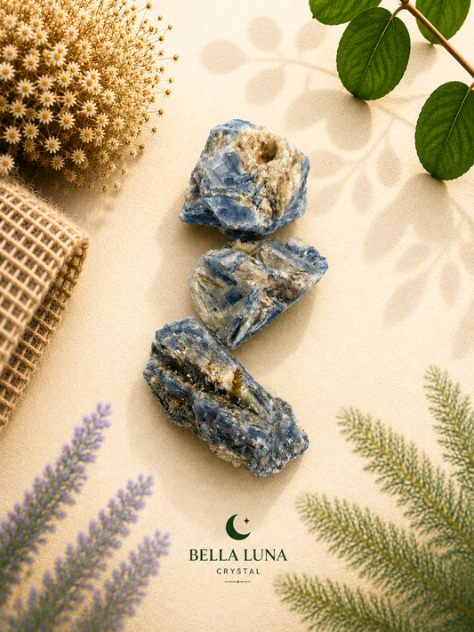Three rough blue crystals arranged vertically on a beige textured background with dried botanicals, green leaves, and a burlap fabric roll. The Bella Luna Crystal brand logo is printed at the bottom.