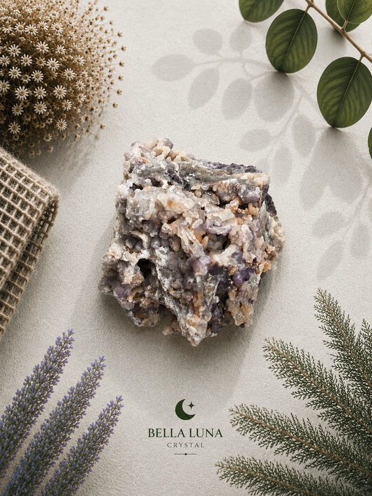 A rough crystal cluster with mixed beige, gray, white, and purple tones, styled on a neutral textured surface with dried flowers, green leaves, and lavender sprigs. The Bella Luna Crystal logo is visible at the bottom.