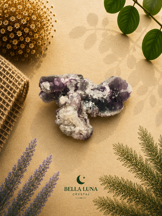 A raw amethyst crystal cluster with purple and white crystalline formations, styled on a textured beige background with decorative botanical elements and the Bella Luna Crystal logo.