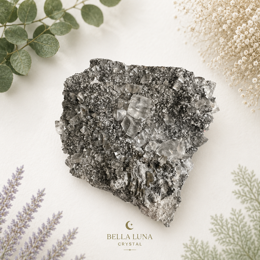 A raw crystal cluster specimen with prominent clear calcite points on a dark gray to black matrix, styled on a white background with botanical props and the Bella Luna Crystal logo at the bottom.