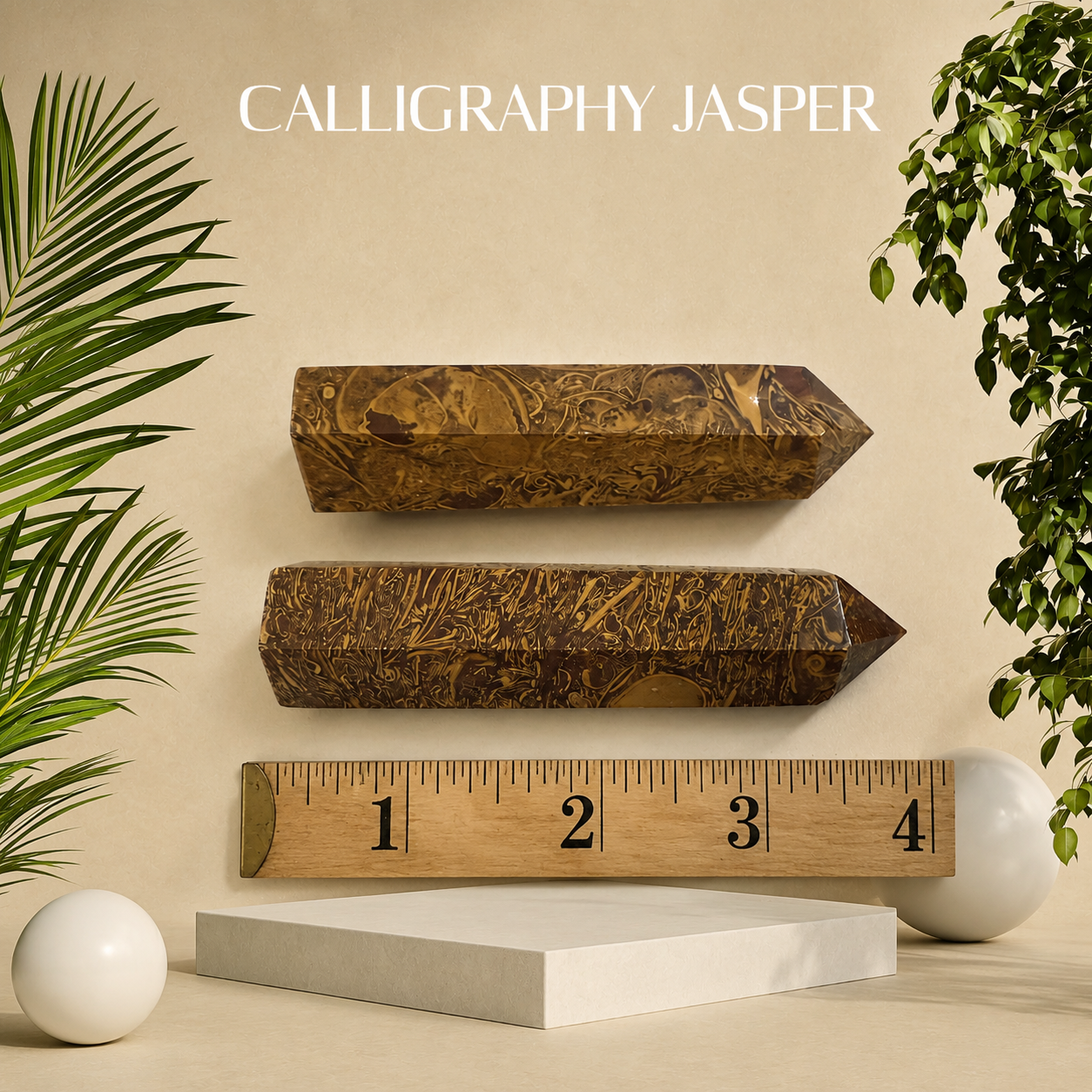 Two rectangular calligraphy jasper crystal points displayed on a beige surface with a wooden ruler showing measurements, white display blocks, decorative white spheres, and green plants on both sides. The text 'CALLIGRAPHY JASPER' appears at the top.