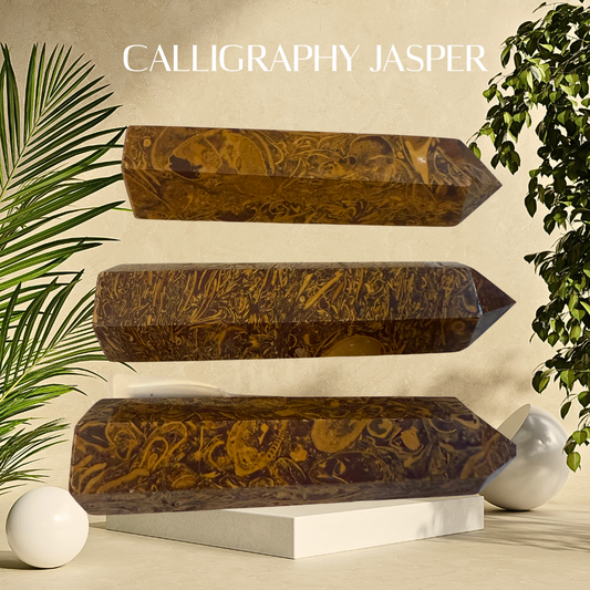 Three brown crystal points with engraved patterns on a beige background, labeled 'Calligraphy Jasper'.