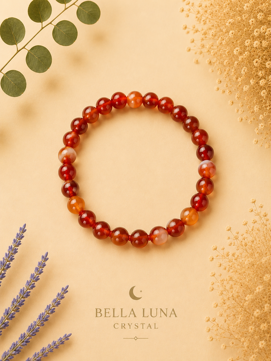 A beaded stretch bracelet made of round red and orange marbled gemstone beads, displayed on a warm beige background with decorative dried flowers, eucalyptus leaves, and lavender sprigs. The brand logo 'BELLA LUNA CRYSTAL' is printed at the bottom.