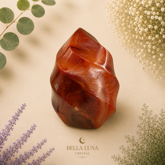 A polished natural crystal stone with a rich reddish-brown color, styled on a beige background with botanical elements and the Bella Luna Crystal logo at the bottom.