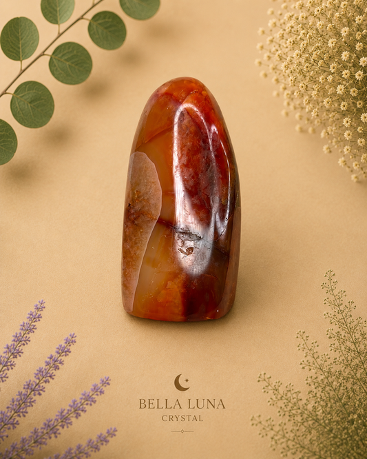 A polished red and orange agate crystal tower with natural banding, displayed on a beige background with decorative botanical elements and the Bella Luna Crystal logo at the bottom.