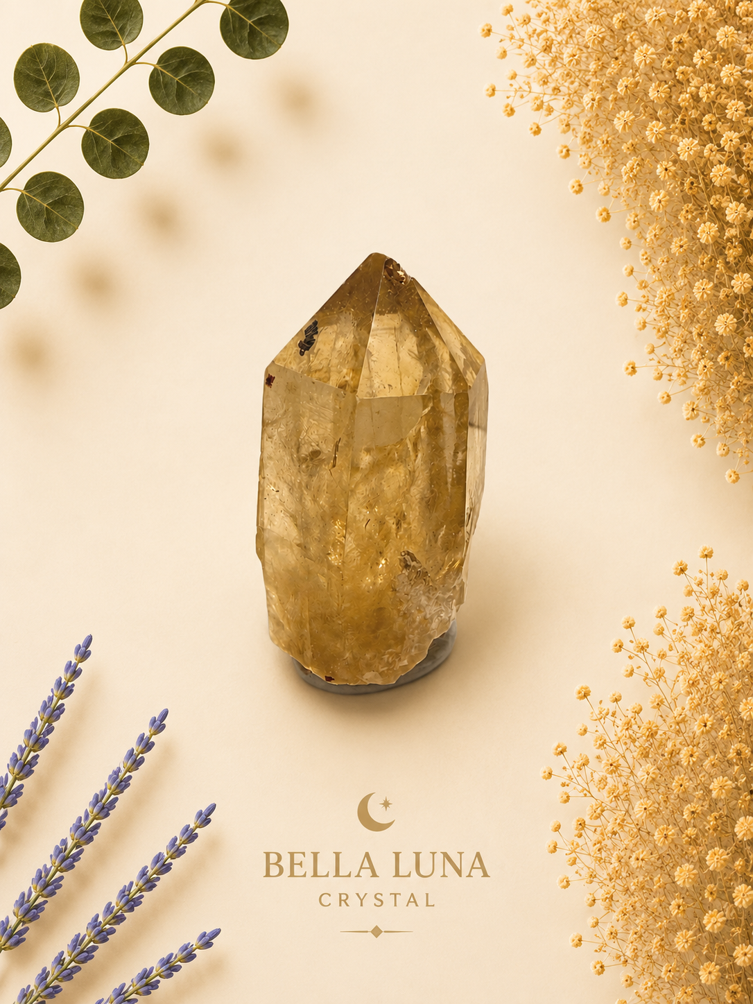 A natural pointed crystal cluster, identified as a Bella Luna crystal, displayed on a warm cream background with decorative botanical elements including dried flowers, lavender, and eucalyptus. The brand logo 'BELLA LUNA CRYSTAL' is printed at the bottom.