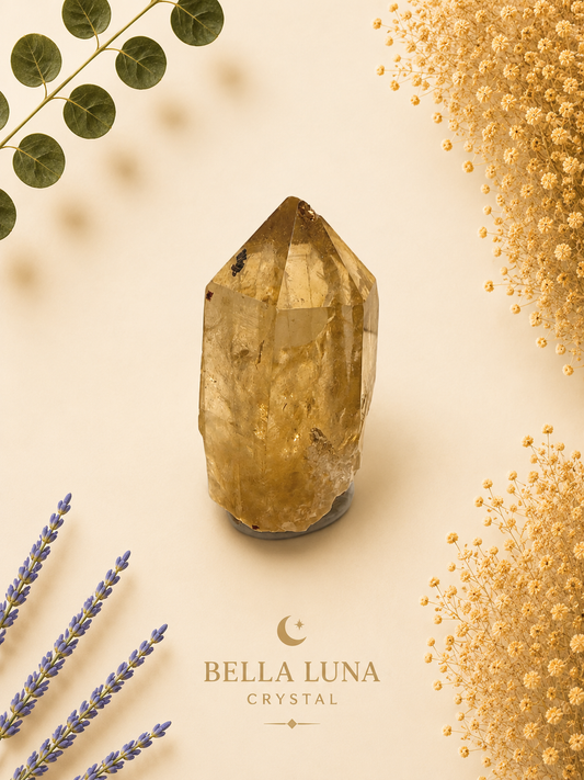 A natural pointed crystal cluster, identified as a Bella Luna crystal, displayed on a warm cream background with decorative botanical elements including dried flowers, lavender, and eucalyptus. The brand logo 'BELLA LUNA CRYSTAL' is printed at the bottom.