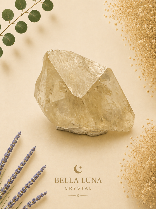 A large natural crystal with a rough, faceted shape displayed on a warm cream background with decorative botanical elements and the Bella Luna Crystal brand name printed below.