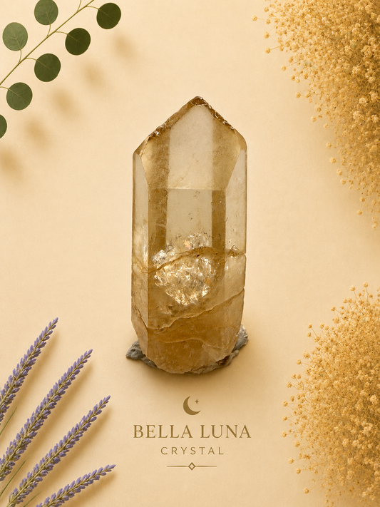 A tall, natural smoky quartz crystal point displayed on a small gray base, set against a warm beige background with decorative dried flowers, eucalyptus leaves, and lavender sprigs. The brand name 'BELLA LUNA CRYSTAL' is printed at the bottom.