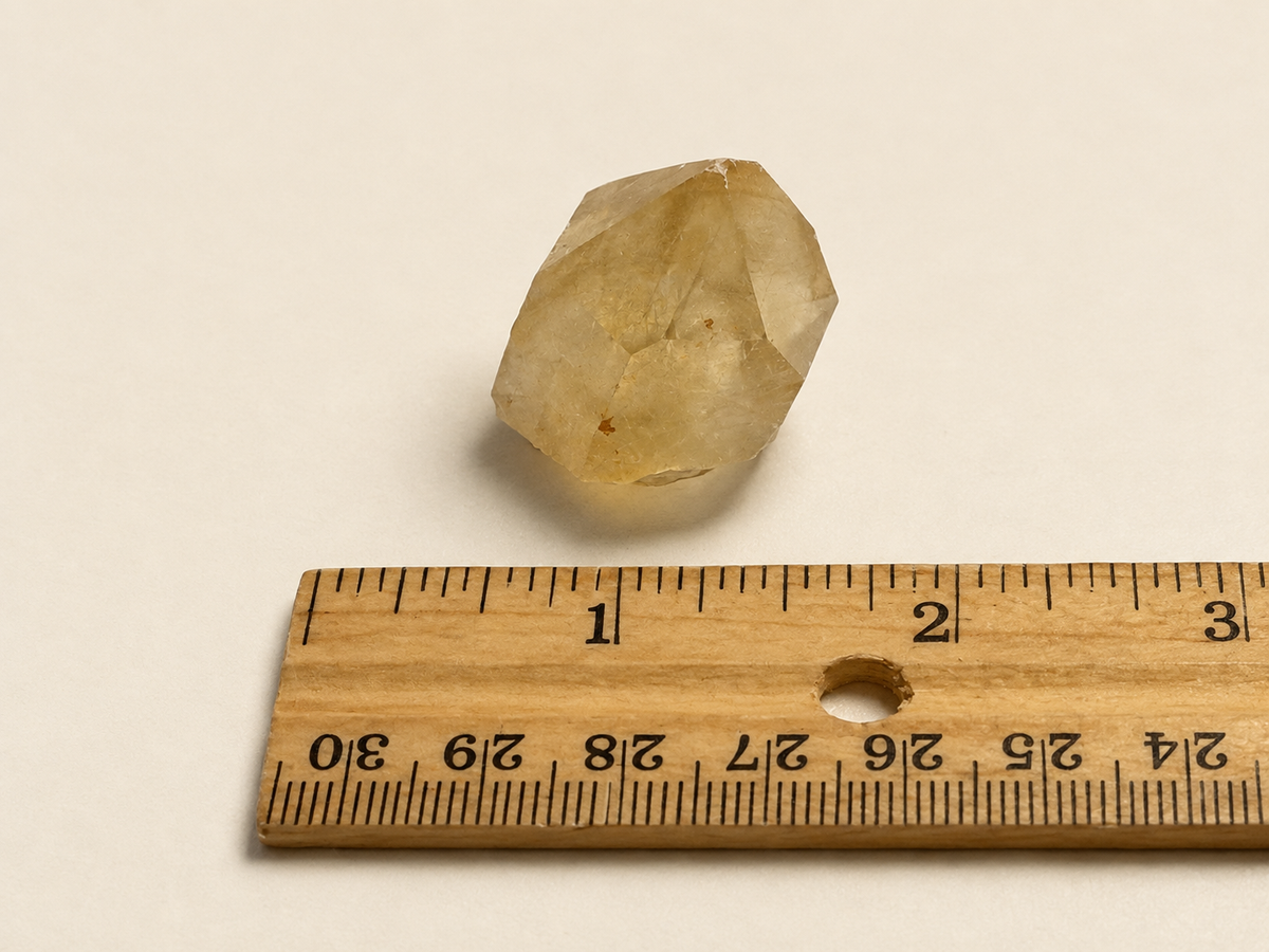 A faceted pale yellow crystal stone shown above a wooden ruler on a plain light beige background.