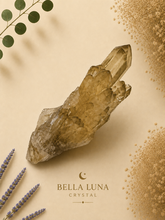A natural citrine crystal cluster displayed on a warm beige background with decorative dried flowers, lavender sprigs, and eucalyptus leaves. The brand name 'BELLA LUNA CRYSTAL' is printed at the bottom.