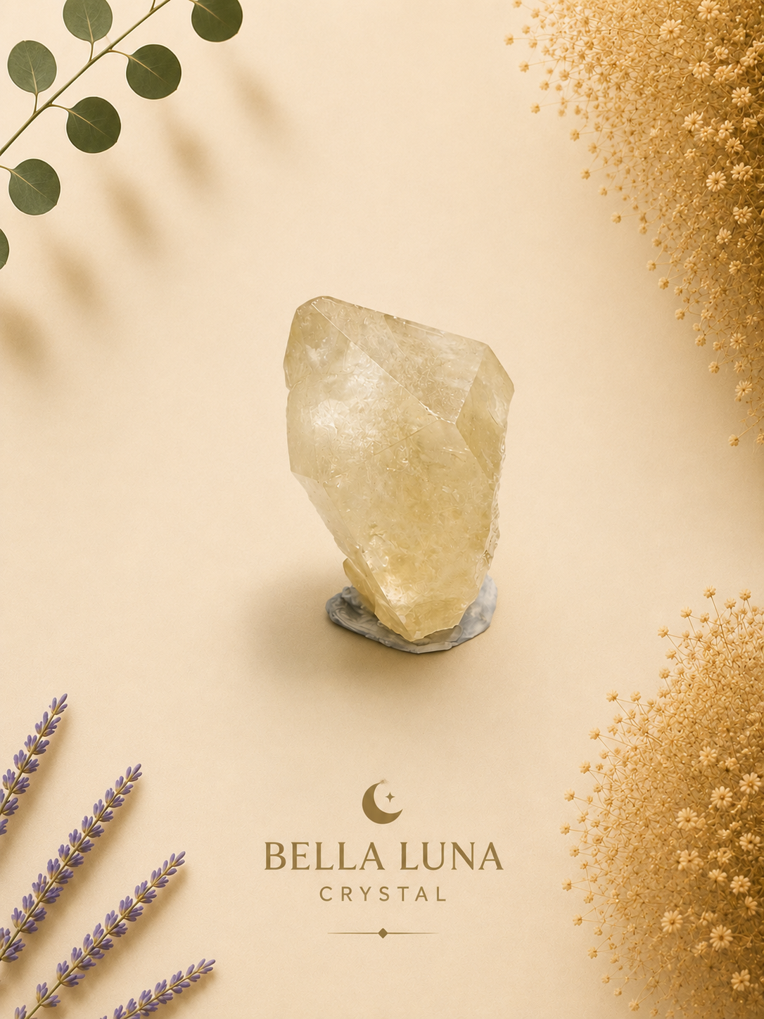 A pale yellow crystal cluster on a small gray base, photographed on a warm beige background with decorative dried flowers and greenery. The text 'BELLA LUNA CRYSTAL' appears near the bottom with a crescent moon logo.
