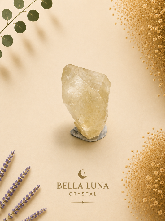 A pale yellow crystal cluster on a small gray base, photographed on a warm beige background with decorative dried flowers and greenery. The text 'BELLA LUNA CRYSTAL' appears near the bottom with a crescent moon logo.