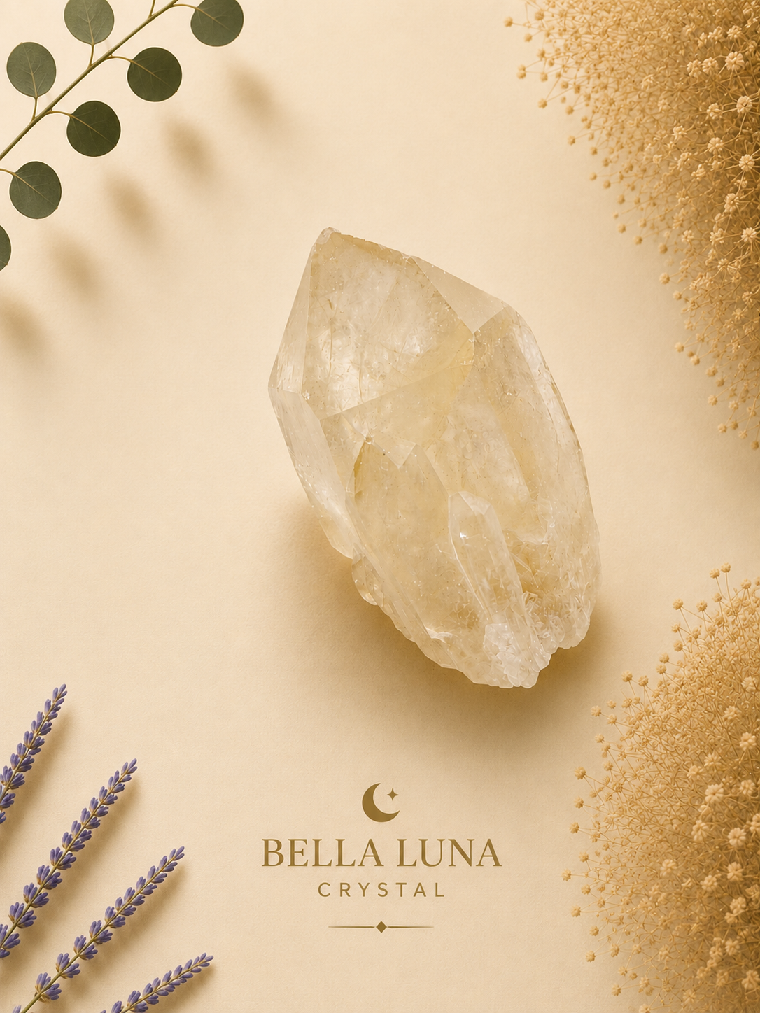 A pale yellowish crystal cluster photographed on a warm beige background with decorative dried lavender sprigs, eucalyptus leaves, and textured gold-like particles. The brand name BELLA LUNA CRYSTAL appears near the bottom.