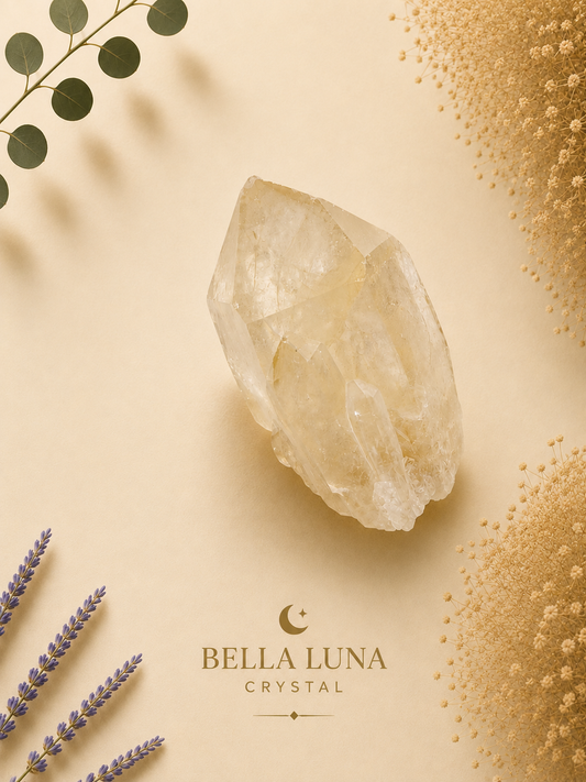 A pale yellowish crystal cluster photographed on a warm beige background with decorative dried lavender sprigs, eucalyptus leaves, and textured gold-like particles. The brand name BELLA LUNA CRYSTAL appears near the bottom.