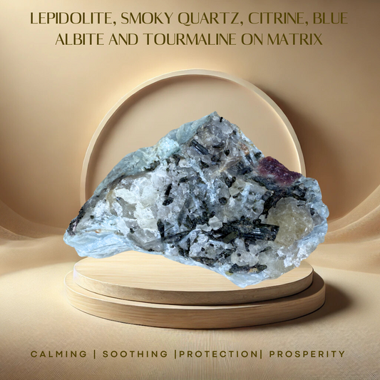 A selection of rough crystals including lepidolite, smoky quartz, citrine, blue albite, and tourmaline on a beige background, with text highlighting the crystals' names and metaphysical properties.